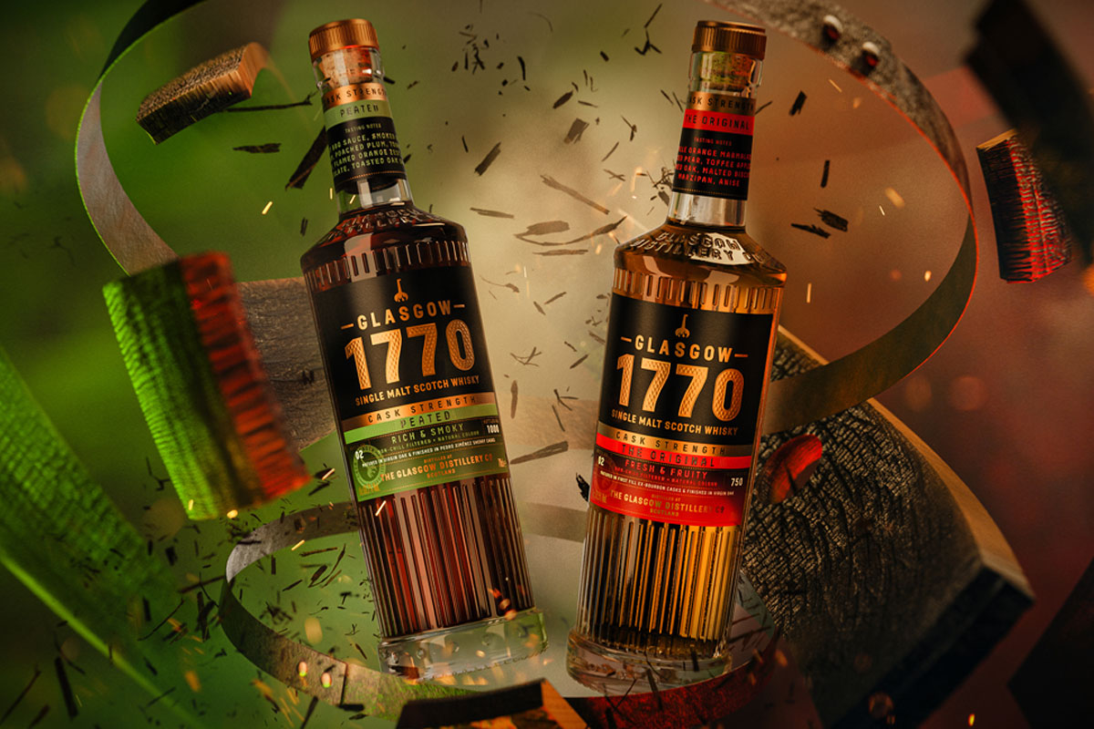 Bottles of Glasgow 1770 Cask Strength crash through a whisky cask with red and green lighting.