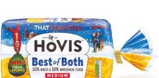 Pack shot of Hovis Best of Both bread with That Christmas branding across it to mark the festive family film.