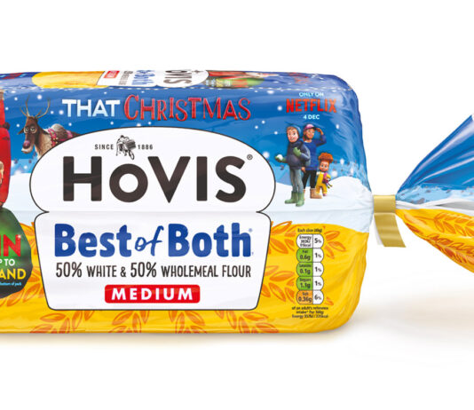 Pack shot of Hovis Best of Both bread with That Christmas branding across it to mark the festive family film.