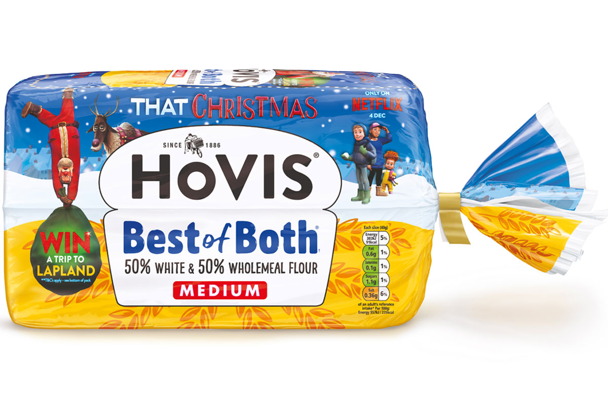 Pack shot of Hovis Best of Both bread with That Christmas branding across it to mark the festive family film.