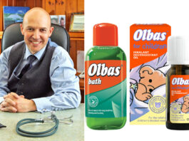 Olbas prepares parents for cold season Dr Roger Henderson, GP and spokesperson for Olbas, sits at a table with pack shots of Olbas Bath and Olbas For Children Inhalant Decongestant Oil.