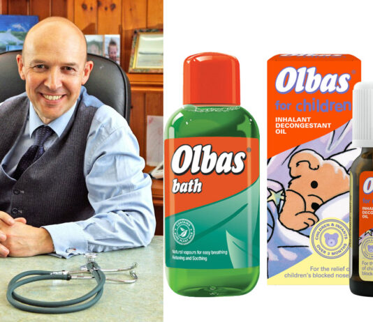 Olbas prepares parents for cold season Dr Roger Henderson, GP and spokesperson for Olbas, sits at a table with pack shots of Olbas Bath and Olbas For Children Inhalant Decongestant Oil.