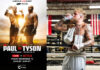 Promotional image of Netflix Live Event Jake Paul vs Mike Tyson with the two athletes standing next to each other against a city landscape with an image of Paul standing in a boxing ring and drinking from a can of Celsius Energy Drink to the right.