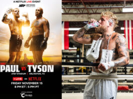 Celsius unveils sponsorship of Jake Paul vs Mike Tyson Promotional image of Netflix Live Event Jake Paul vs Mike Tyson with the two athletes standing next to each other against a city landscape with an image of Paul standing in a boxing ring and drinking from a can of Celsius Energy Drink to the right.
