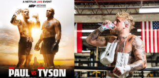 Promotional image of Netflix Live Event Jake Paul vs Mike Tyson with the two athletes standing next to each other against a city landscape with an image of Paul standing in a boxing ring and drinking from a can of Celsius Energy Drink to the right.