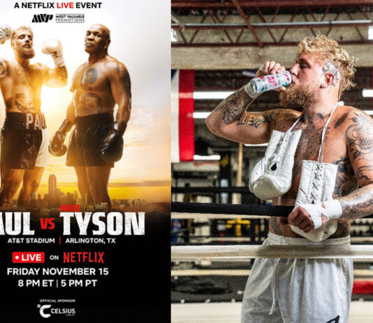 Celsius unveils sponsorship of Jake Paul vs Mike Tyson Promotional image of Netflix Live Event Jake Paul vs Mike Tyson with the two athletes standing next to each other against a city landscape with an image of Paul standing in a boxing ring and drinking from a can of Celsius Energy Drink to the right.