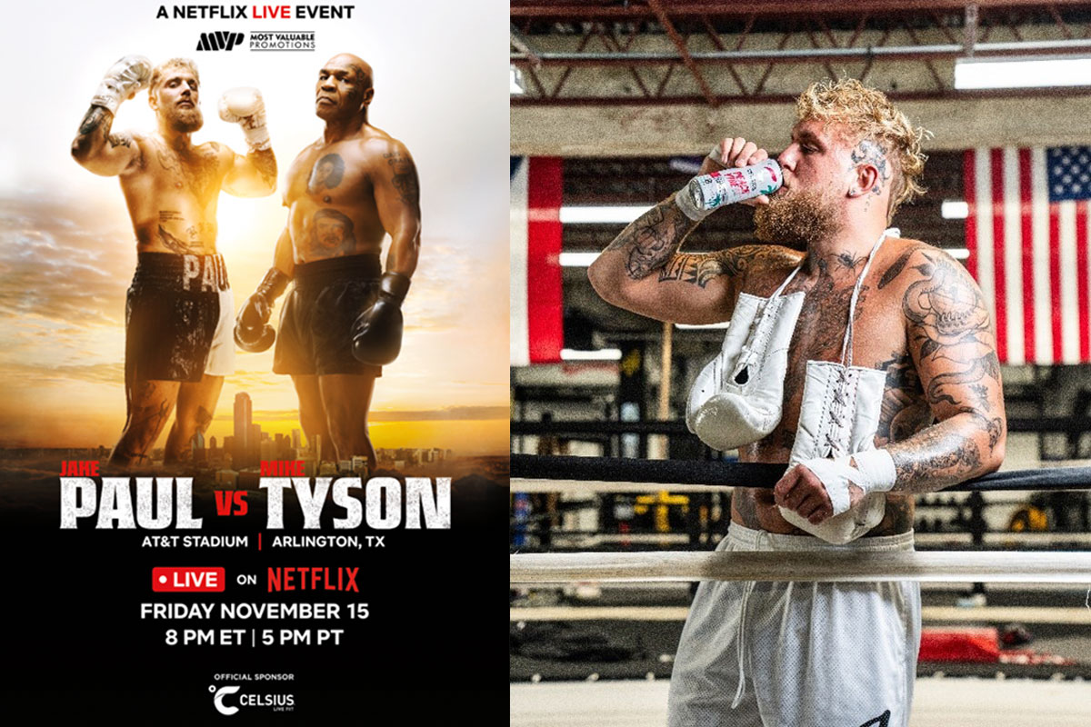 Promotional image of Netflix Live Event Jake Paul vs Mike Tyson with the two athletes standing next to each other against a city landscape with an image of Paul standing in a boxing ring and drinking from a can of Celsius Energy Drink to the right.