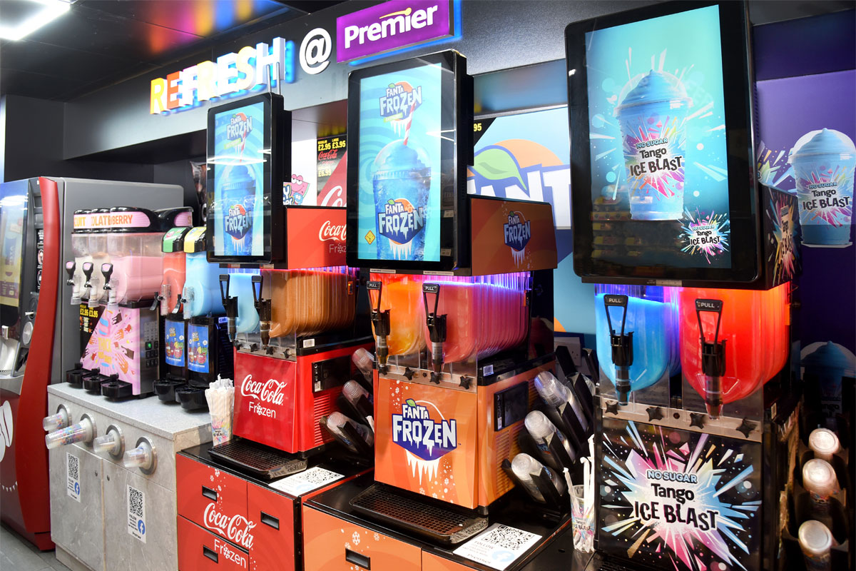 Premier 'Refresh @ Premier' Station with slushie machines including Tango Ice Blast, Coca-Cola Frozen and Fanta Frozen.