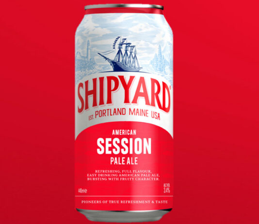 Carlsberg docks new Shipyard American Ale in the UK A can of Shipyard American Pale Ale is against a red background.