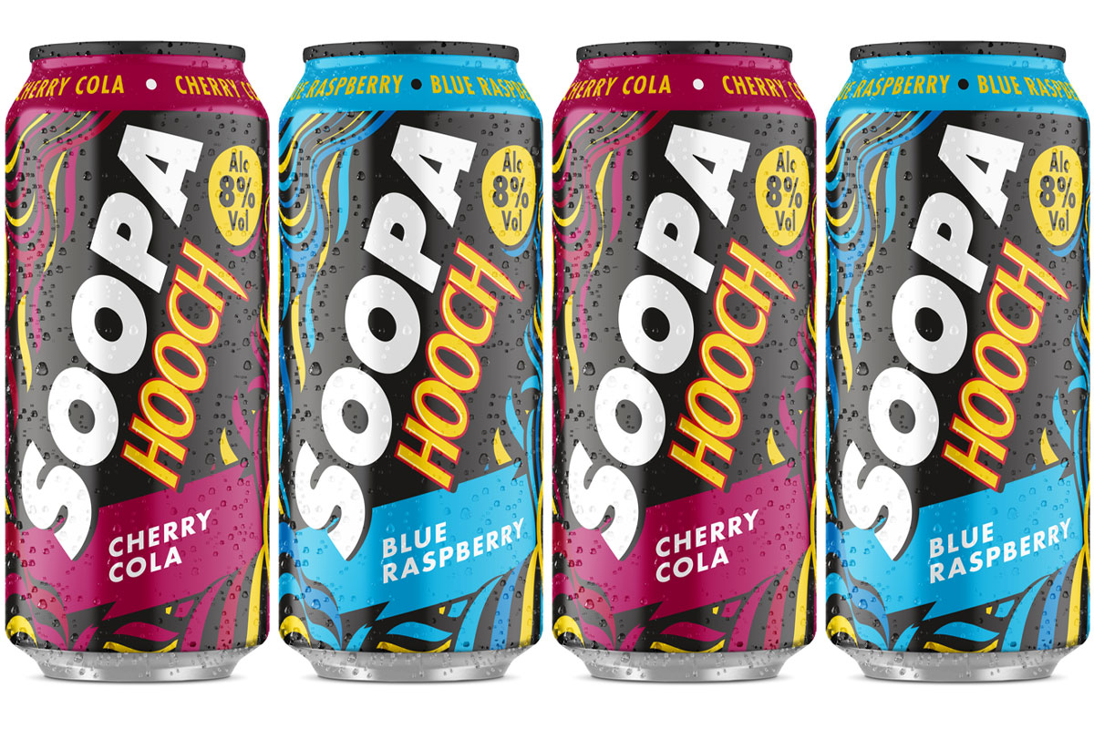 Pack shots of Soopa Hooch Blue Raspberry and Cherry Cola.