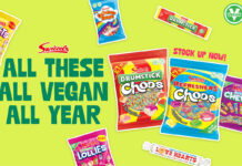 Promotional image for Swizzels' Veganuary campaign 'All These, All Vegan, All Year' featuring pack shots of Swizzels products.