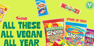 Promotional image for Swizzels' Veganuary campaign 'All These, All Vegan, All Year' featuring pack shots of Swizzels products.