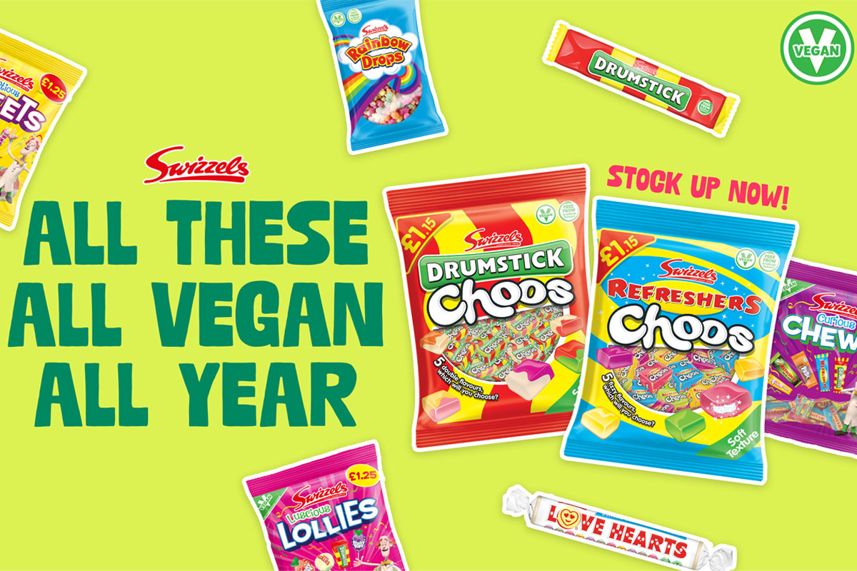 Promotional image for Swizzels' Veganuary campaign 'All These, All Vegan, All Year' featuring pack shots of Swizzels products.