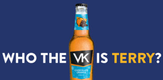 Poster for the VK Chocolate Orange flavour with a bottle of the drink in the middle with text around it reading "Who the VK is Terry?".