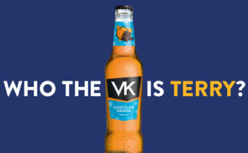 Poster for the VK Chocolate Orange flavour with a bottle of the drink in the middle with text around it reading "Who the VK is Terry?".