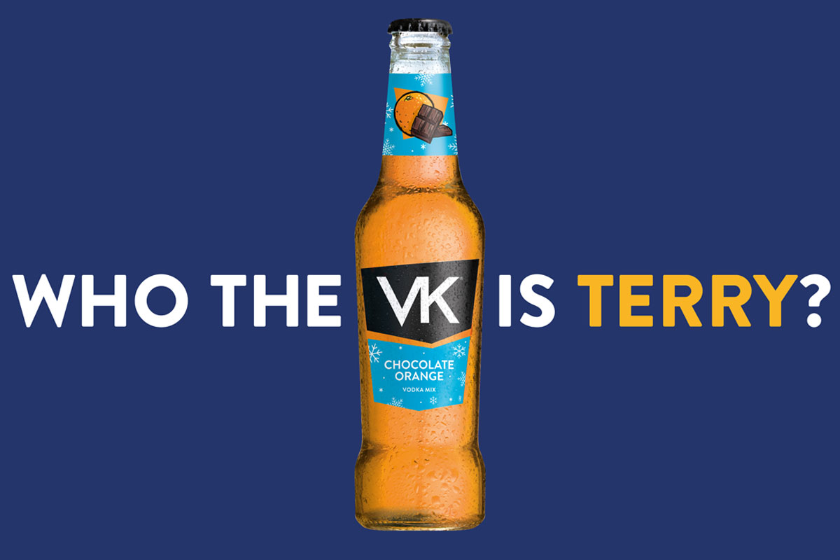 Poster for the VK Chocolate Orange flavour with a bottle of the drink in the middle with text around it reading "Who the VK is Terry?".