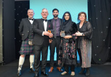 Asiyah and Jawad Javed are congratulated by editor Giles Blair, Republic Technologies sales and marketing director Gavin Anderson and Elaine C Smith.