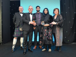 The main stars of the Scottish Grocer Awards 2024 Asiyah and Jawad Javed are congratulated by editor Giles Blair, Republic Technologies sales and marketing director Gavin Anderson and Elaine C Smith.