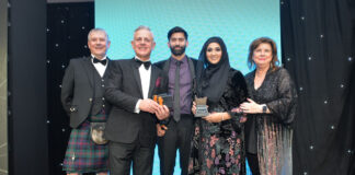 Asiyah and Jawad Javed are congratulated by editor Giles Blair, Republic Technologies sales and marketing director Gavin Anderson and Elaine C Smith.