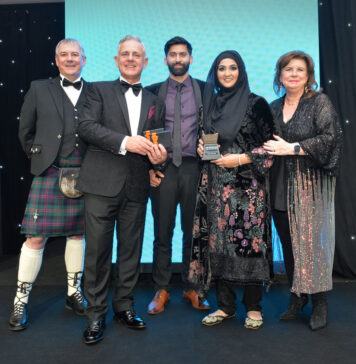 Asiyah and Jawad Javed are congratulated by editor Giles Blair, Republic Technologies sales and marketing director Gavin Anderson and Elaine C Smith.