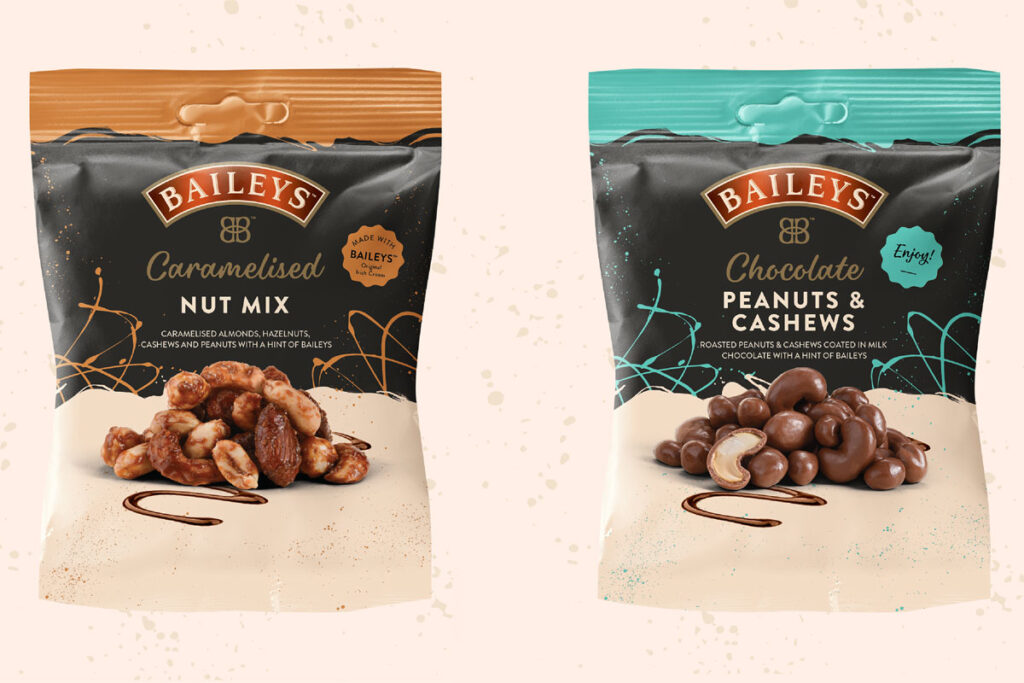 Packs of Baileys Chocolate Peanut and Cashews Nut Mix and Baileys Caramelised Nut Mix with a cream background.