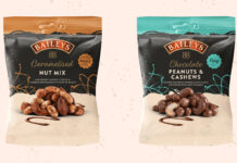 Packs of Baileys Chocolate Peanut and Cashews Nut Mix and Baileys Caramelised Nut Mix with a cream background.