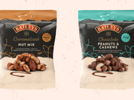 Baileys introduces Nut Mix duo Packs of Baileys Chocolate Peanut and Cashews Nut Mix and Baileys Caramelised Nut Mix with a cream background.