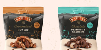 Packs of Baileys Chocolate Peanut and Cashews Nut Mix and Baileys Caramelised Nut Mix with a cream background.