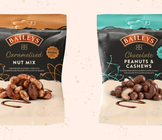 Baileys introduces Nut Mix duo Packs of Baileys Chocolate Peanut and Cashews Nut Mix and Baileys Caramelised Nut Mix with a cream background.
