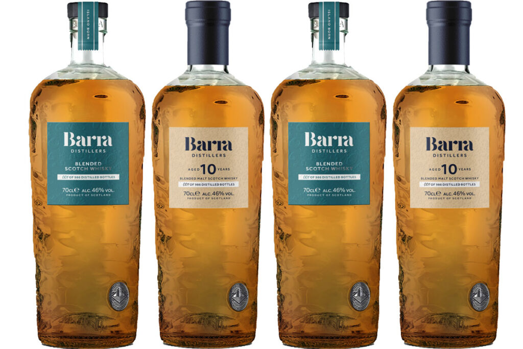 Pack shots of Isle of Barra Distillers' whisky range including its 10 Year Old Single Malt and Blended Whisky variants.