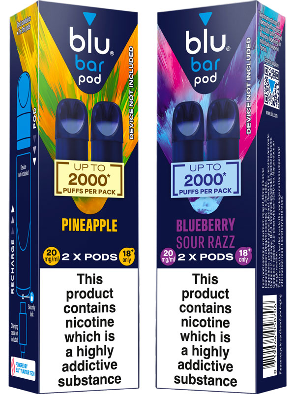 Pack shots of Blu Bar Pods Pineapple and Blueberry Raspberry.