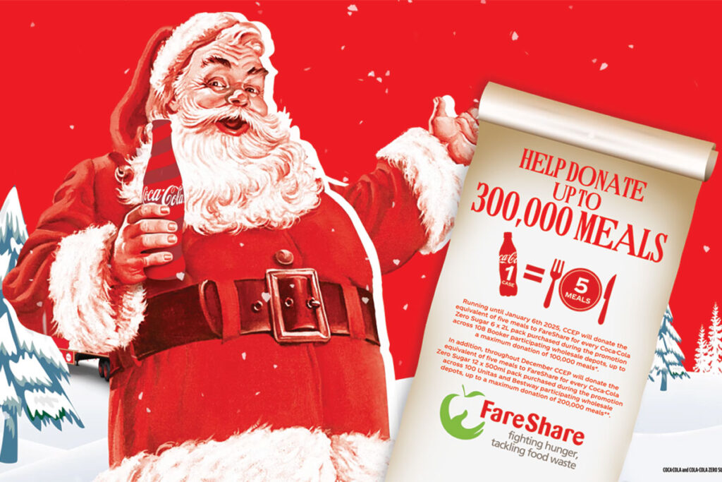 Promotional image of Coca-Cola Europacific Partners' FareShare initiative to donate meals to the charity via orders of Coca-Cola Zero Sugar.