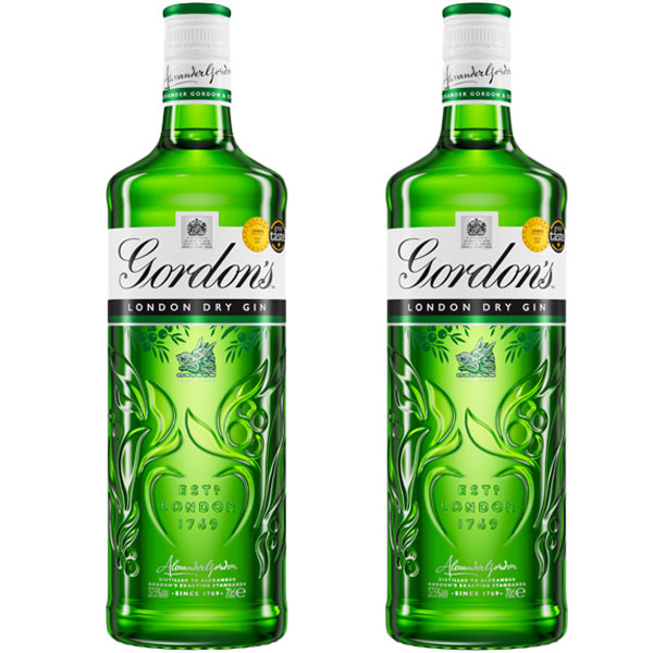 Two pack shots of bottles of Gordon's London Dry Gin.