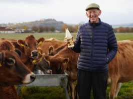 Graham’s goes for Gold this Christmas Dr Robert Graham stands in a field holding a bottle of Graham's Jersey Milk with the family's herd of cows behind him.