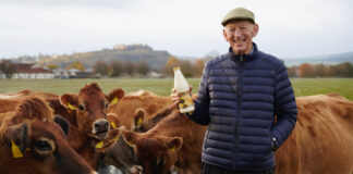 Dr Robert Graham stands in a field holding a bottle of Graham's Jersey Milk with the family's herd of cows behind him.