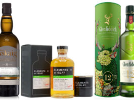 Raising whisky for Hogmanay Pack shots of Port Askaig 8 Year Old, Elements of Islay Blended Malt Scotch Whisky and Glenfiddich 12 Year Old.