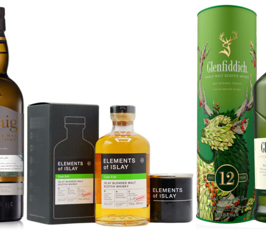 Raising whisky for Hogmanay Pack shots of Port Askaig 8 Year Old, Elements of Islay Blended Malt Scotch Whisky and Glenfiddich 12 Year Old.
