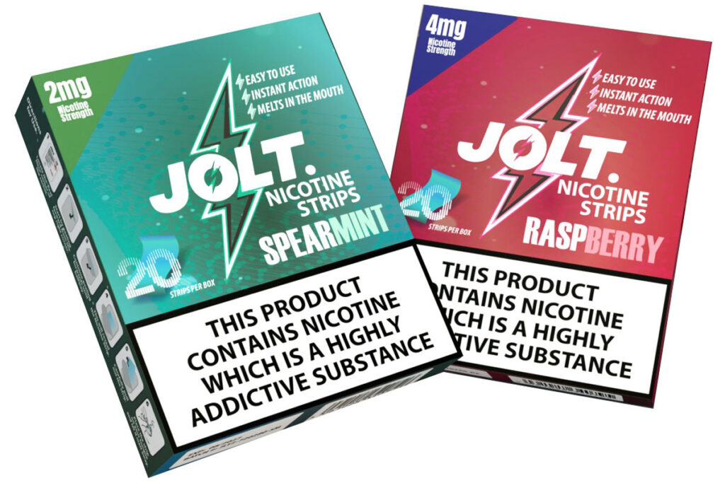 Pack shots of Jolt Strips including Spearmint and Raspberry variants.