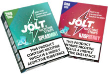 Pack shots of Jolt Strips including Spearmint and Raspberry variants.