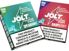 Pack shots of Jolt Strips including Spearmint and Raspberry variants.