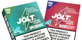 Pack shots of Jolt Strips including Spearmint and Raspberry variants.