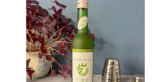 A bottle of La Liqueur Matcha sits on a table with a wooden board beneath it and a disassembled cocktail shaker to its right and a potted plant to its left.