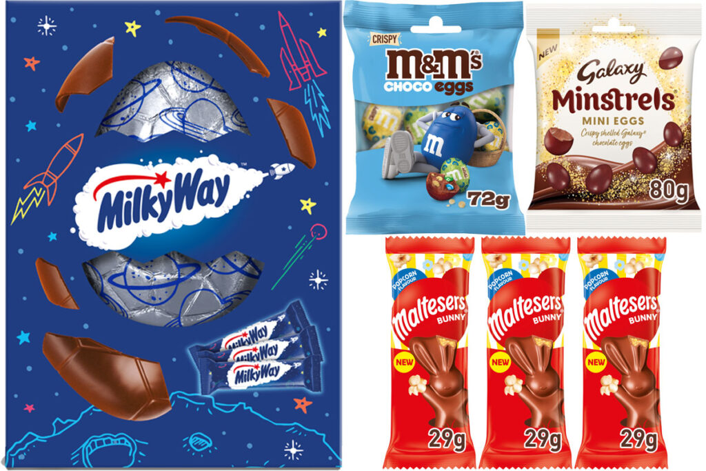 Pack shots of products in the Mars Wrigley Easter 2025 range including Milky Way Easter Egg, M&M's Choco Eggs, Galaxy Minstrels Mini Eggs and Malteser Bunny Popcorn flavour.