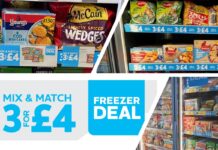 Promotional image of Nisa 3 for £4 deal on frozen food items including images of frozen food inside store freezers.