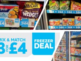 Nisa launches 3 for £4 frozen deal Promotional image of Nisa 3 for £4 deal on frozen food items including images of frozen food inside store freezers.