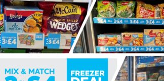 Promotional image of Nisa 3 for £4 deal on frozen food items including images of frozen food inside store freezers.