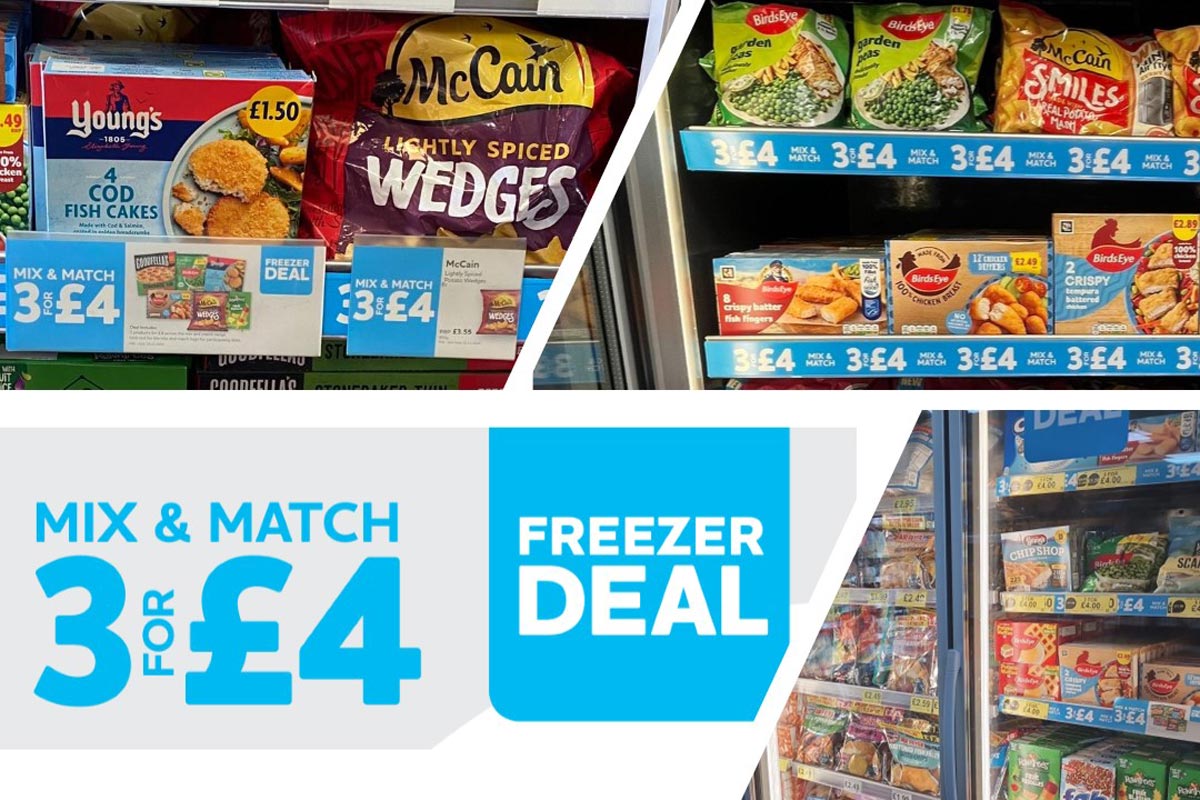 Promotional image of Nisa 3 for £4 deal on frozen food items including images of frozen food inside store freezers.