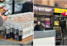 Cans of Captain Morgan and Pepsi Max are on a table with cakes in a box next to an image of the front of Premier Broadway Oxgangs with a DJ booth in front of the store.