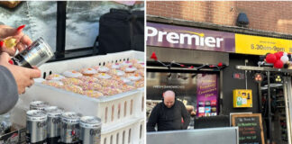 Cans of Captain Morgan and Pepsi Max are on a table with cakes in a box next to an image of the front of Premier Broadway Oxgangs with a DJ booth in front of the store.