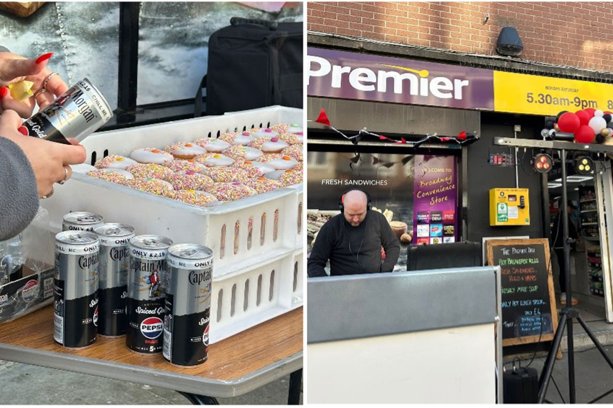 Cans of Captain Morgan and Pepsi Max are on a table with cakes in a box next to an image of the front of Premier Broadway Oxgangs with a DJ booth in front of the store.